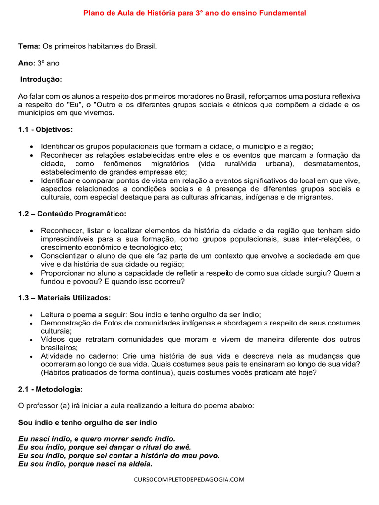 Plano de Aula de Historia para 3° Ano Do Ensino Fundamental | PDF
