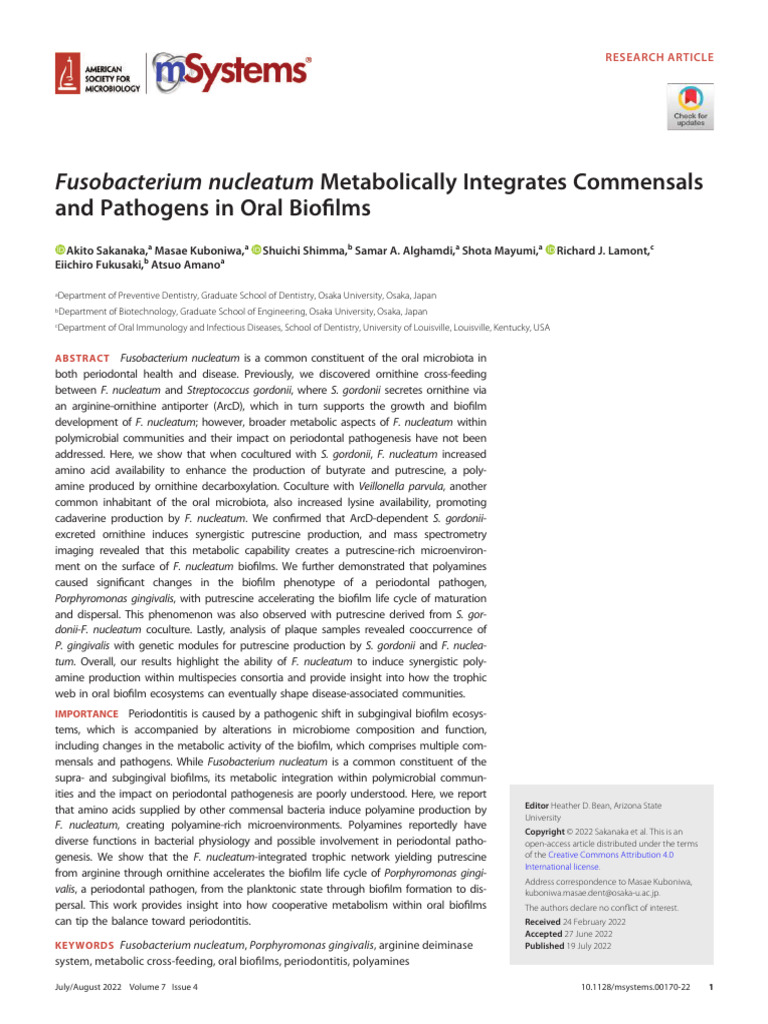 Fusobacterium Nucleatum Metabolically Integrates Commensals and ...