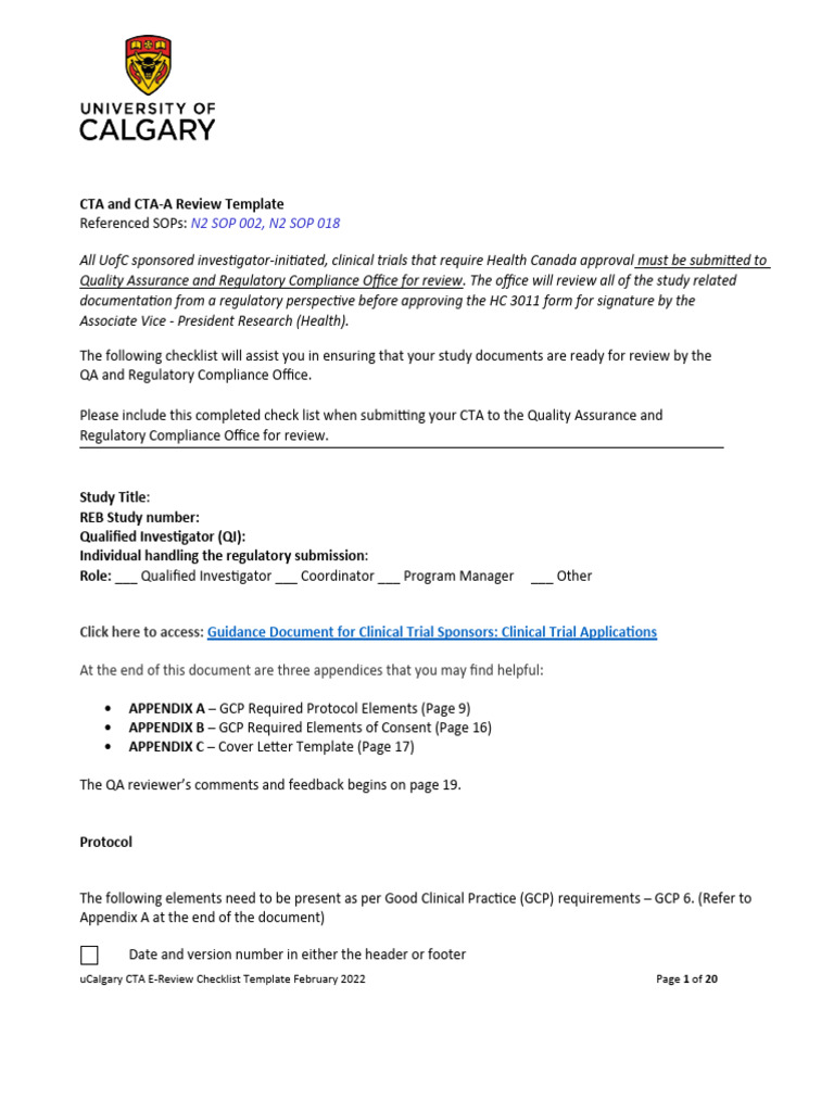 CTA Review Checklist Feb 2022 Clean | PDF | Clinical Trial | Quality  Assurance