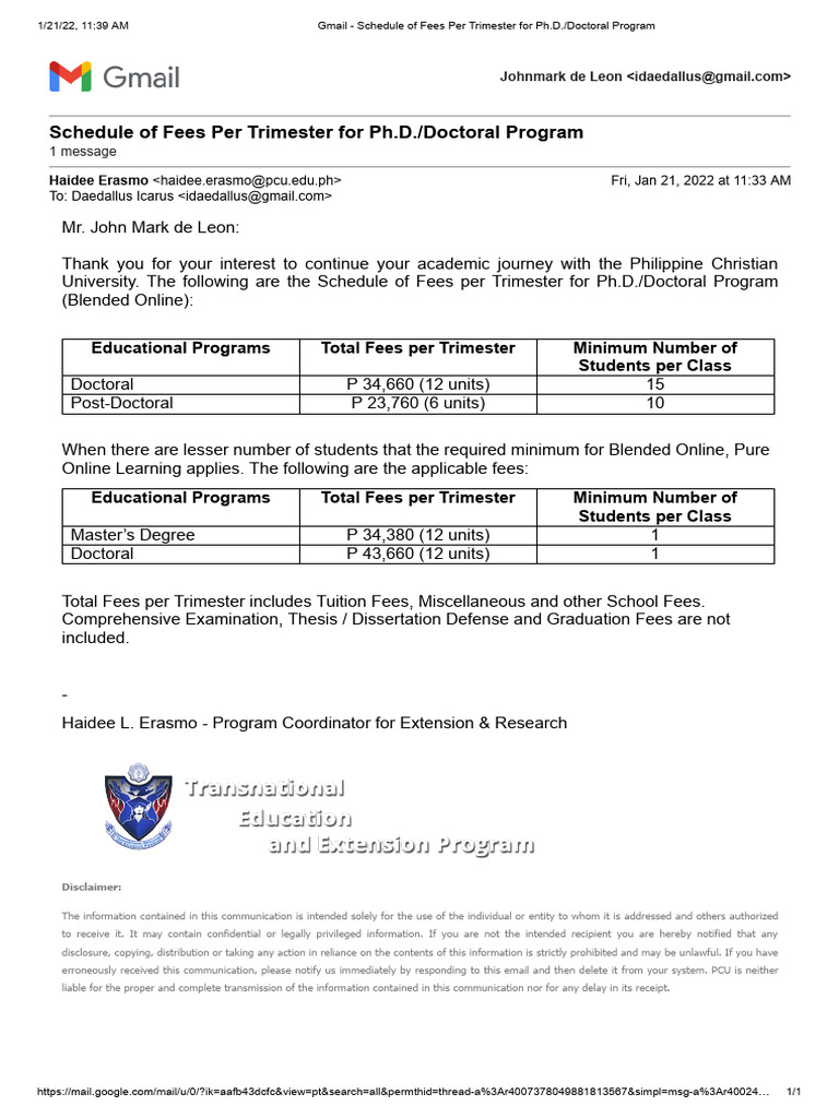 Gmail schedule of fees per trimester for ph d doctoral program