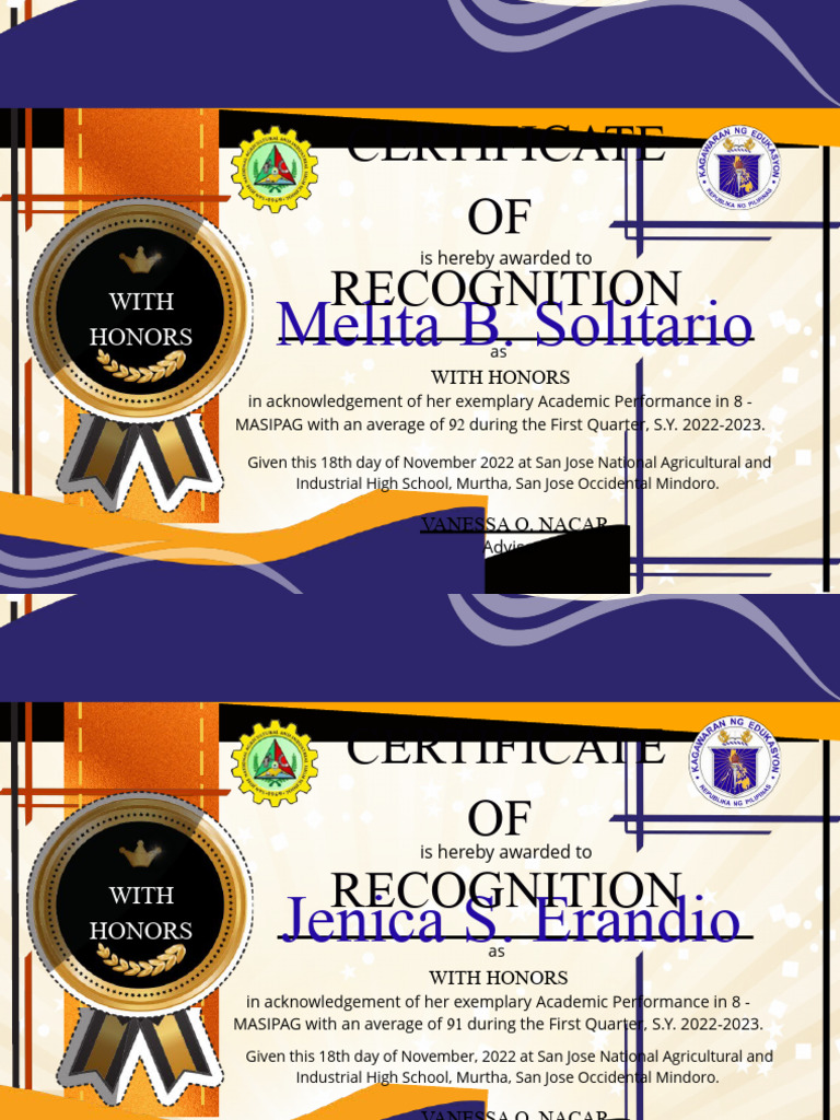 Blue and Orange Certificate of Recognition PDF Philippines