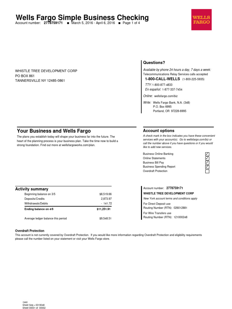 Bank Statment Wells 2024 PDF Overdraft Fee