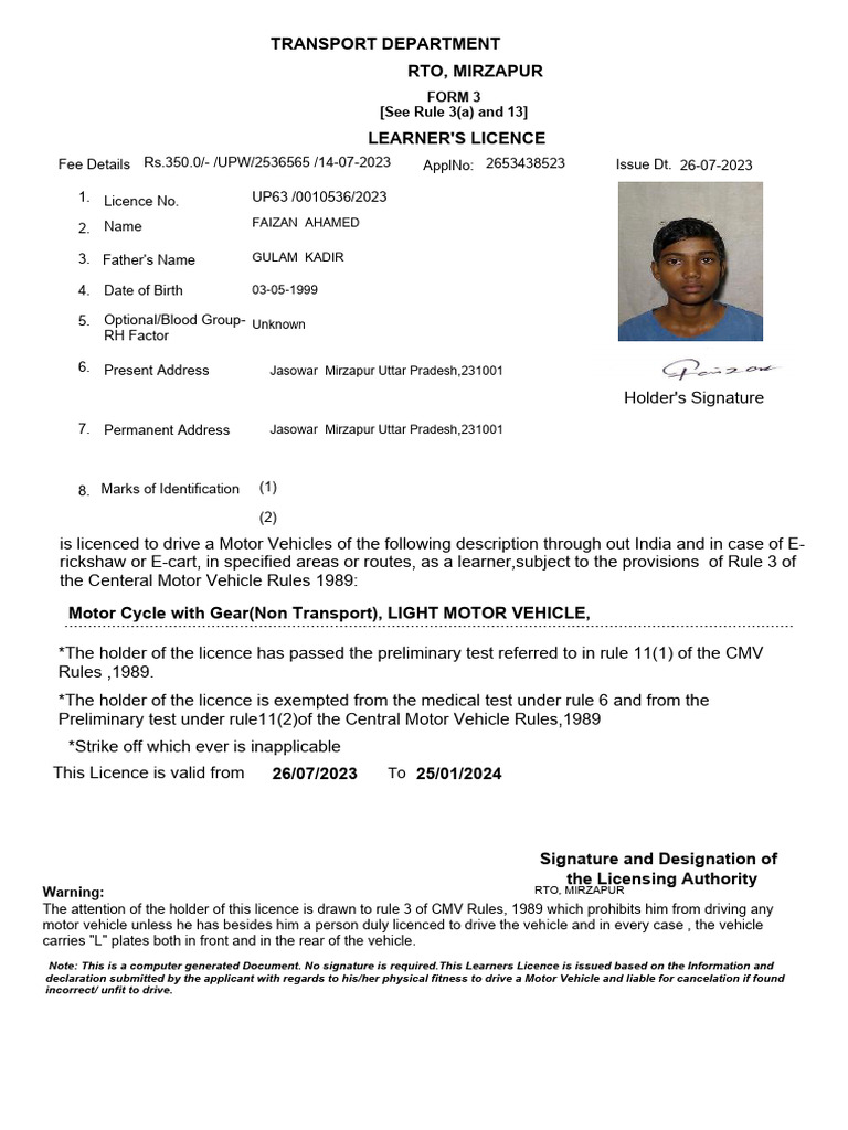 Learner's Licence - RTO Mirzapur | PDF | Vehicles | Driving