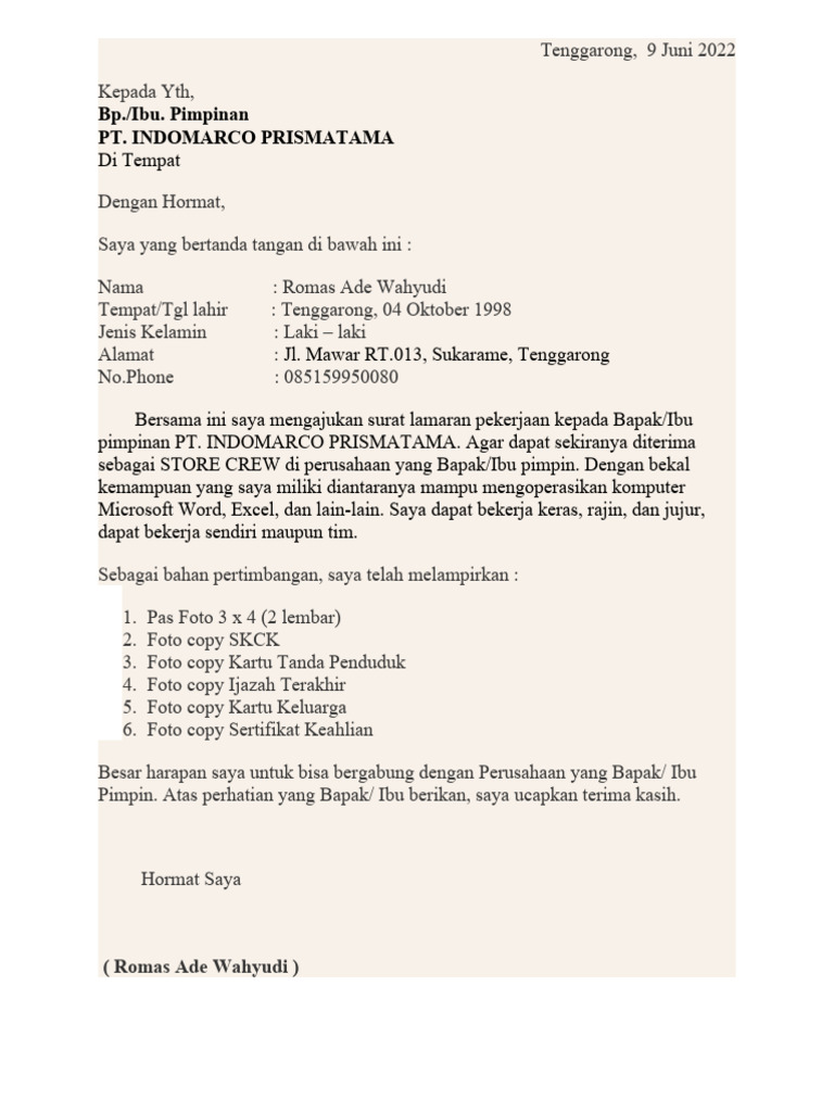 Surat Lamaran Kerja Indomaret Pdf