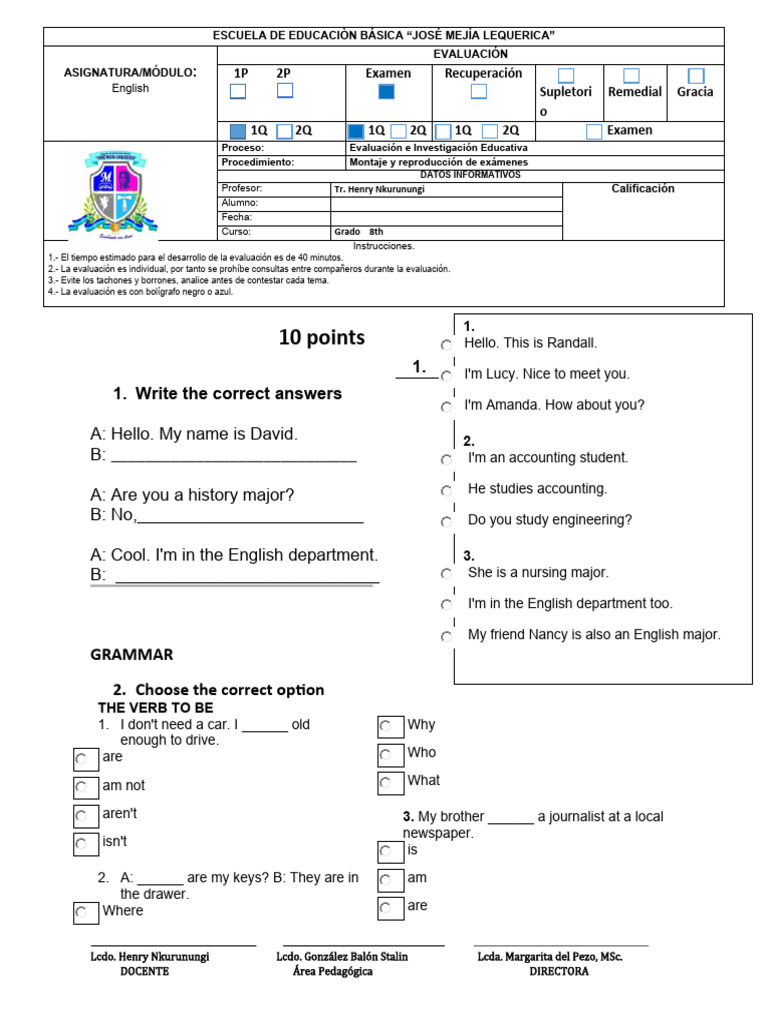 Exam 8th First Quimester | PDF | Linguistic Morphology | Linguistics