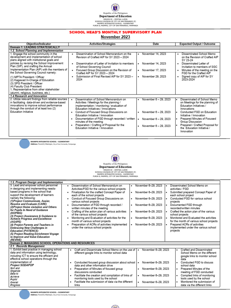 Supervisory Plan NOVEMBER 2023 | PDF | Teachers | Learning