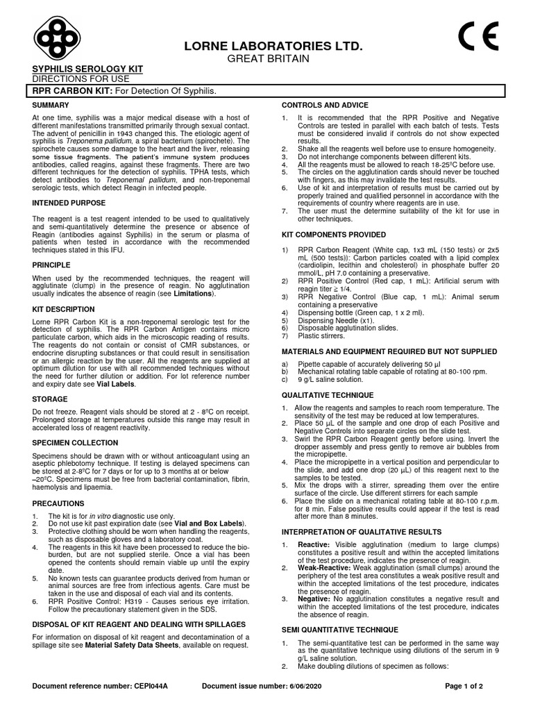 Lorne RPR Carbon Kit Instructions | PDF | Serology | Medical Specialties