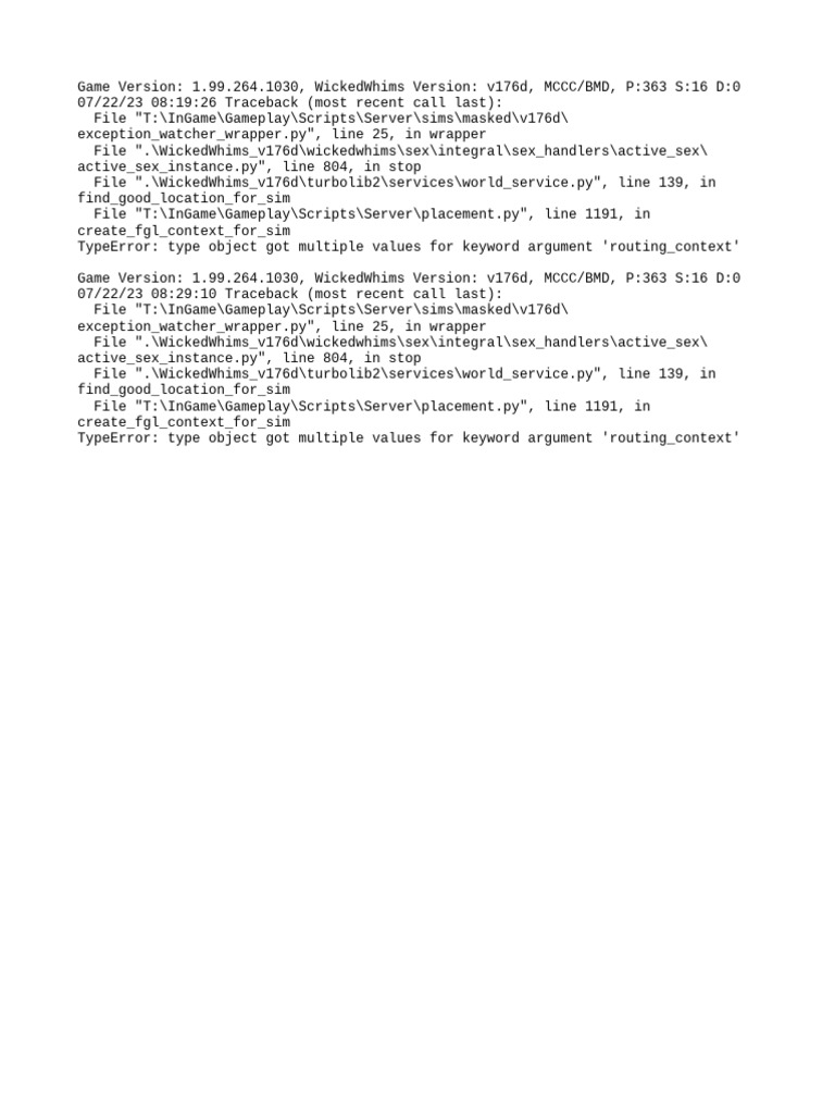 WickedWhims v176d Error Log Analysis | PDF