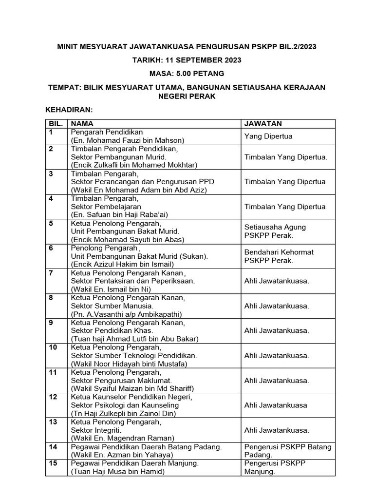 Deraf MINIT MESYUARAT JAWATANKUASA NEGERI PSKPP PERAK BIL 2 2023 | PDF