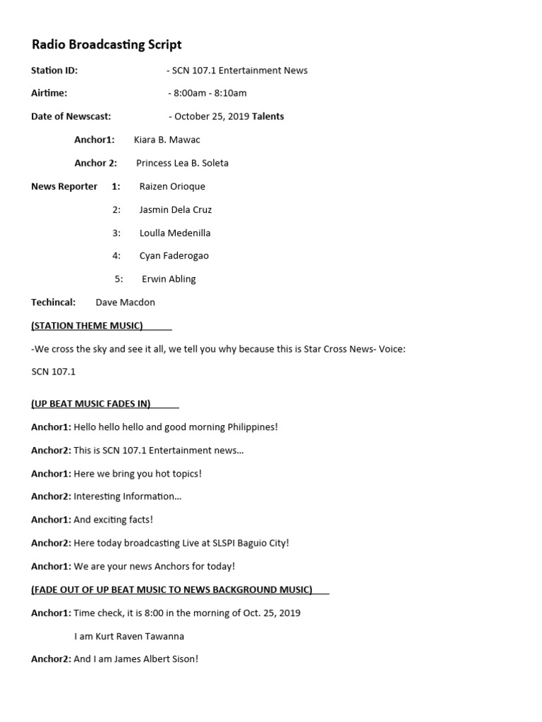 SCN 107.1 Radio News Script | PDF | Mass Media