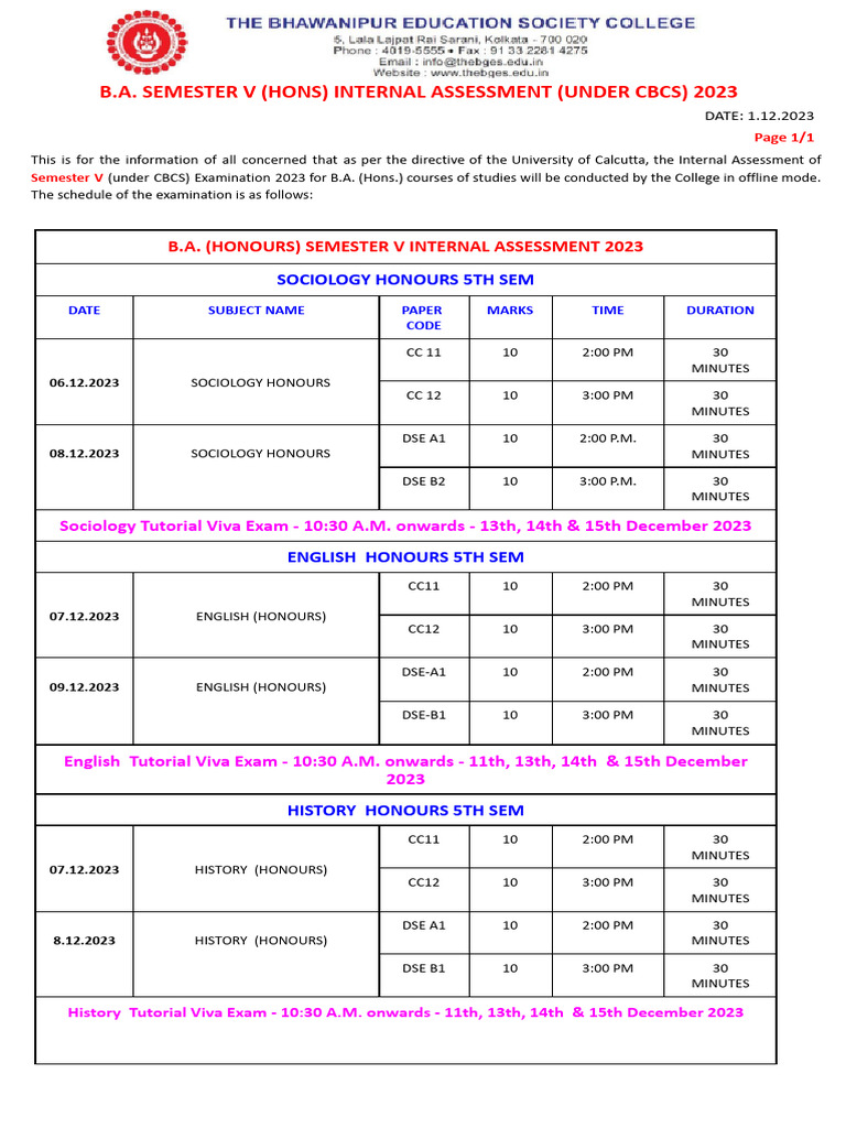 B.A. Semester V Internal Exam 2023 Schedule | PDF | Academic Degree ...
