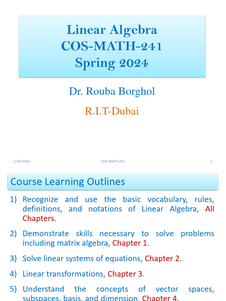 Linear Algebra Course Overview 2024 | PDF | Teaching Methods & Materials