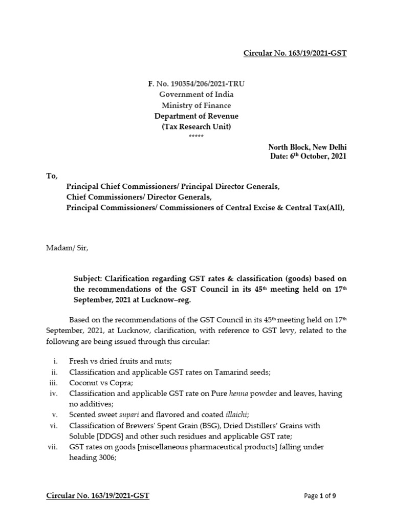 Circular No. 163 18 2021 GST PDF Value Added Tax Dried Fruit
