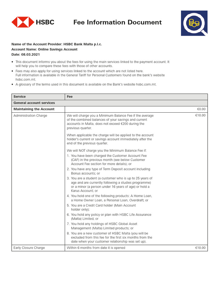 HSBC Fee Information Document Savings | PDF | Cheque | Payments