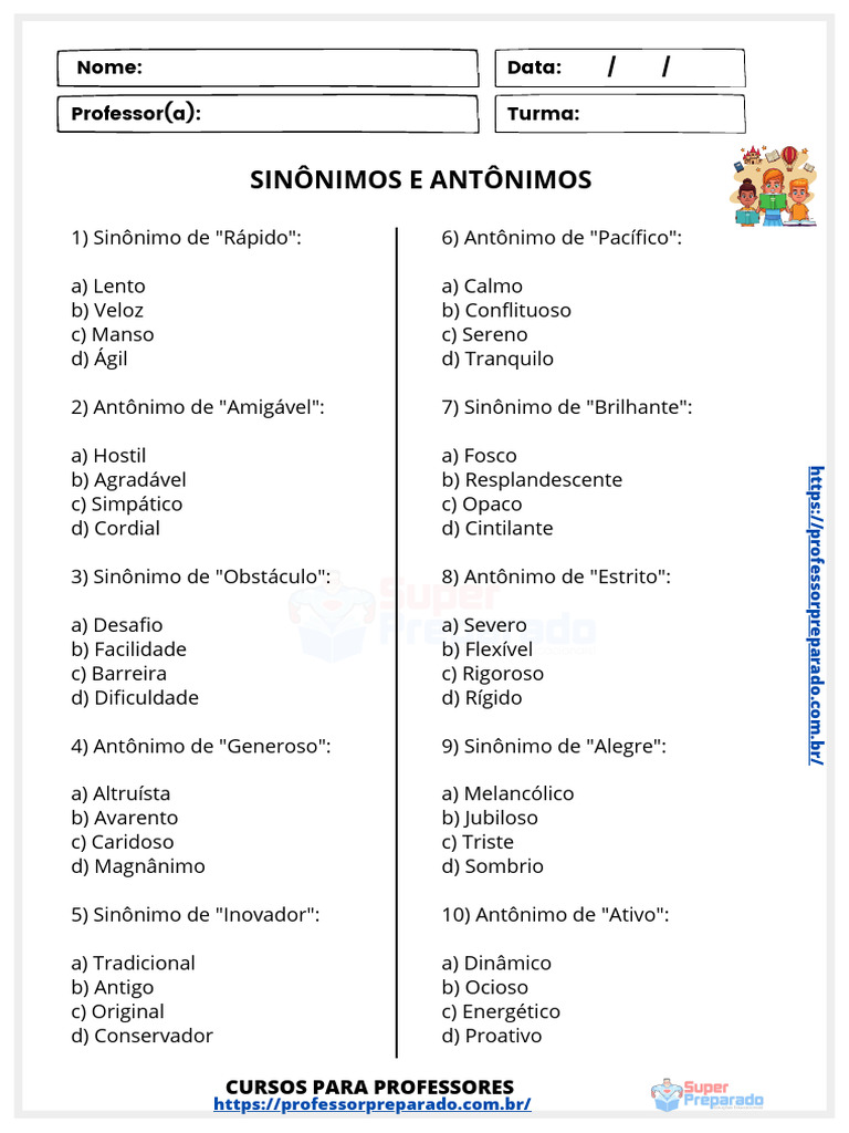 Sinônimos e Antônimos - 50 Exemplos e Questões | PDF
