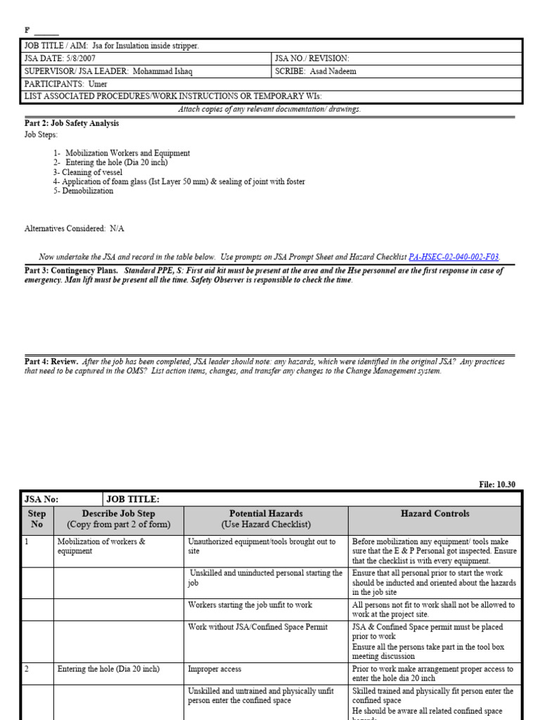 JSA Template for Insulation Work | PDF | Personal Protective Equipment ...