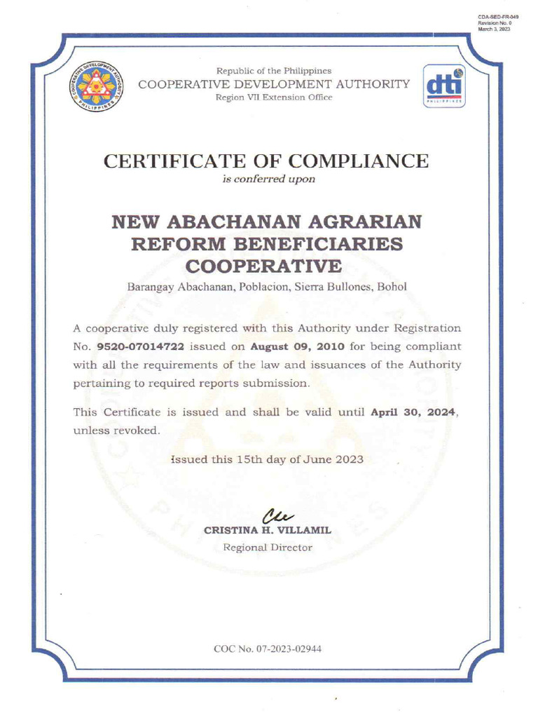 Certificate of Compliance 2023 PDF