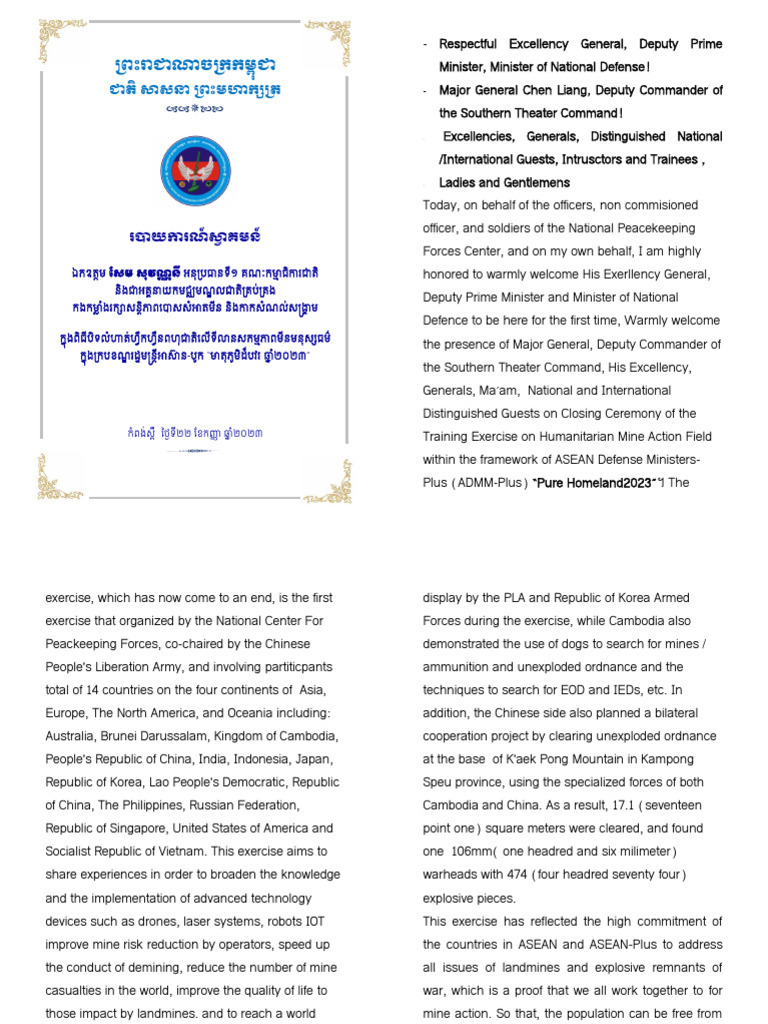 Eng Welcome Report Closing Remarks Pdf Land Mine Cambodia