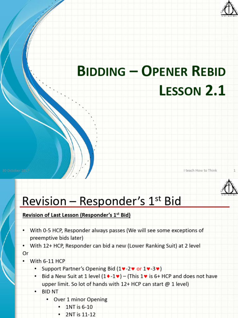 Opener's Rebids in Bridge Explained | PDF | Contract Bridge | Playing Cards