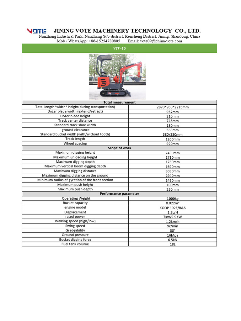 VTW Mini Excavator Specifications | PDF | Length | Vehicles