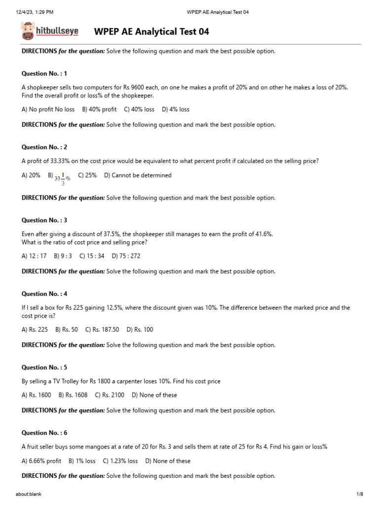 WPEP AE Analytical Test 04 | PDF | Profit (Economics) | Expense
