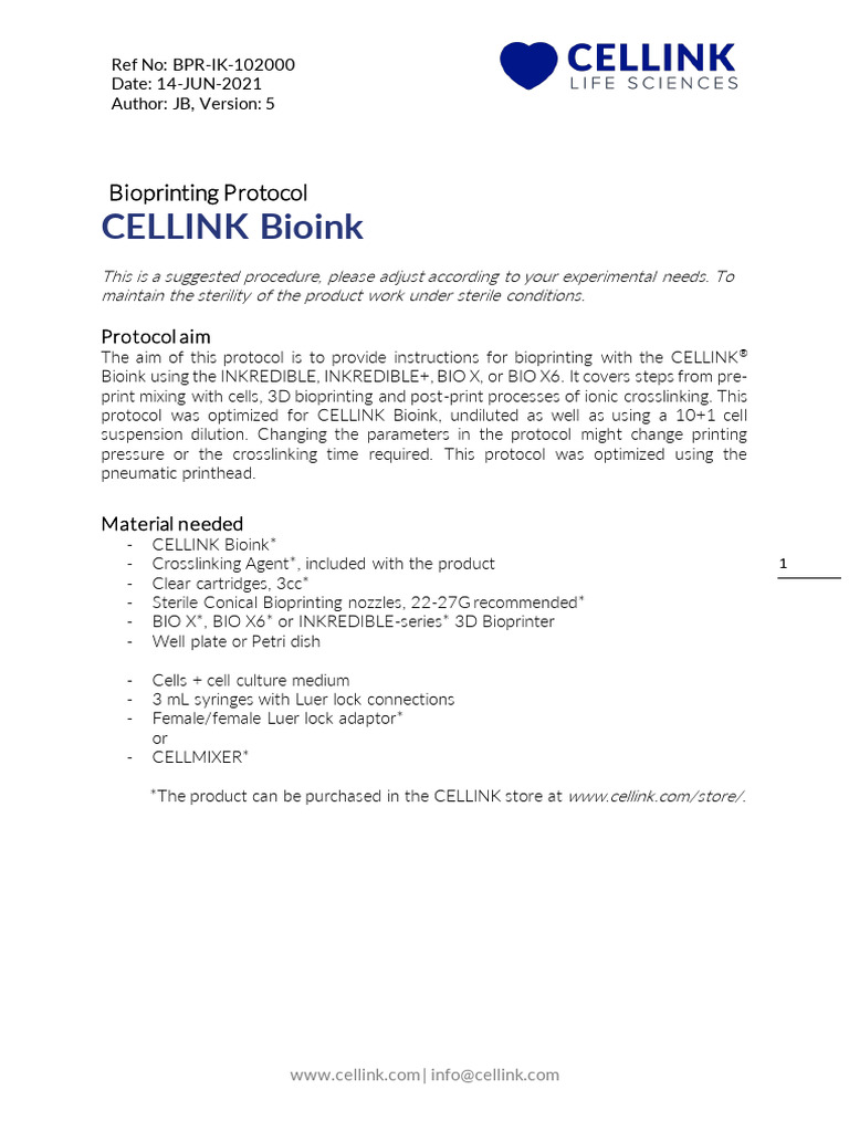 Bioprinting Protocol CELLINK Bioink 14 Jun 2021 | PDF | Syringe | Chemistry