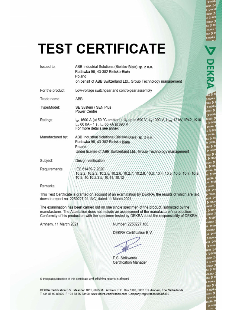 SEN Plus Low-Voltage Switchgear Certificate | PDF | Technology ...