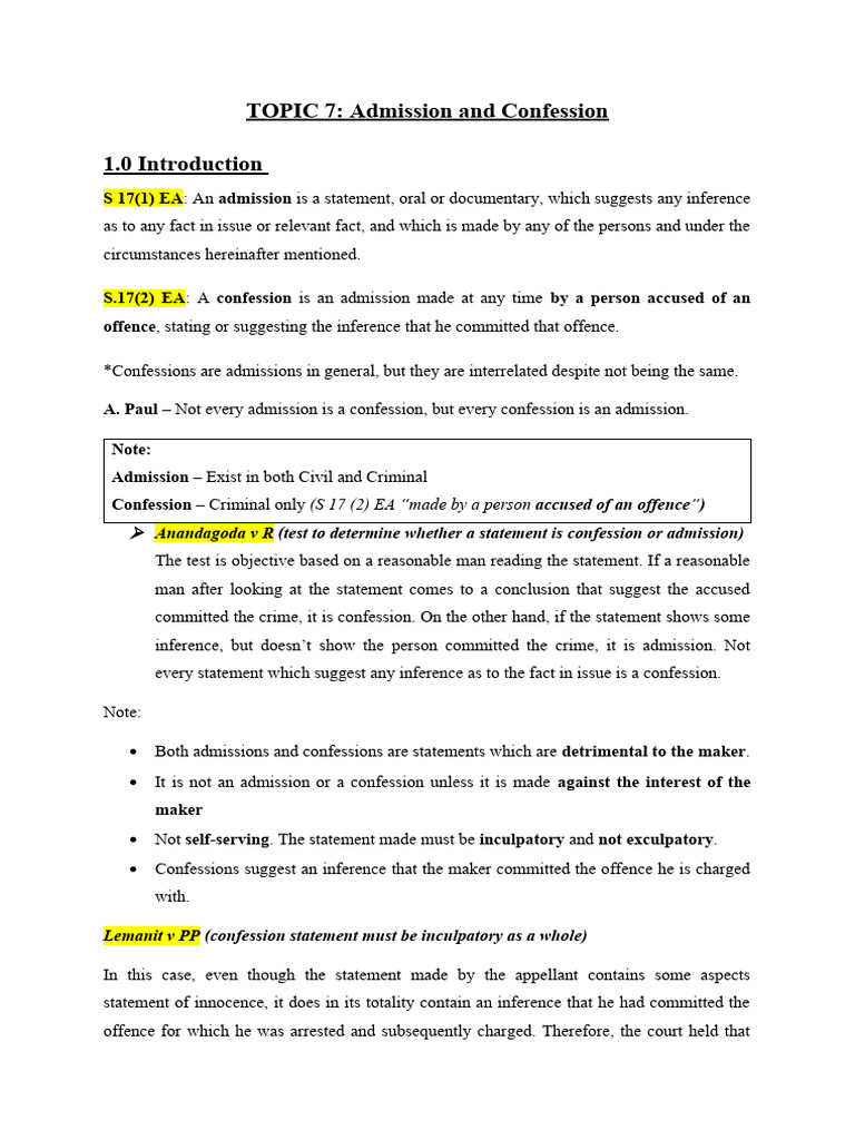 Distinction Between Admission and Confession | PDF | Confession (Law ...