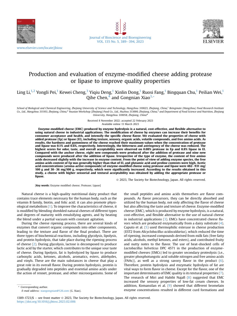 Production and Evaluation of EnzymeModified Cheese Adding Protease or