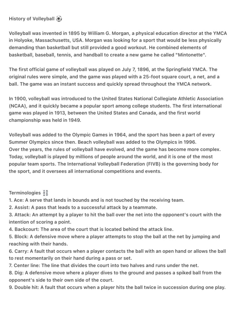 History of Volleyball PDF Volleyball Sports