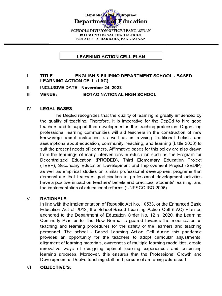 School-Based Learning Action Cell Plan | PDF | Teachers | Learning