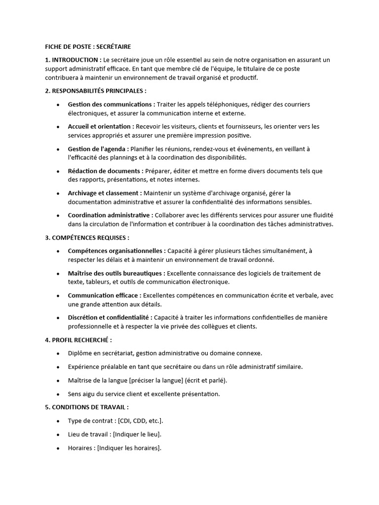 Fiche de Poste : Secrétaire Administratif | PDF | Secrétaire | la ...