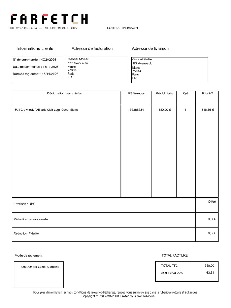 Facture Farfetch N° FR824274 | PDF