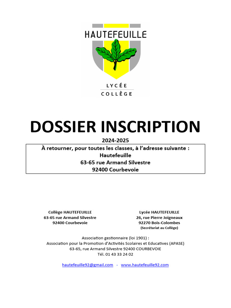 Dossier d'inscription Collège 2024-2025 | PDF | Évolution de carrière ...