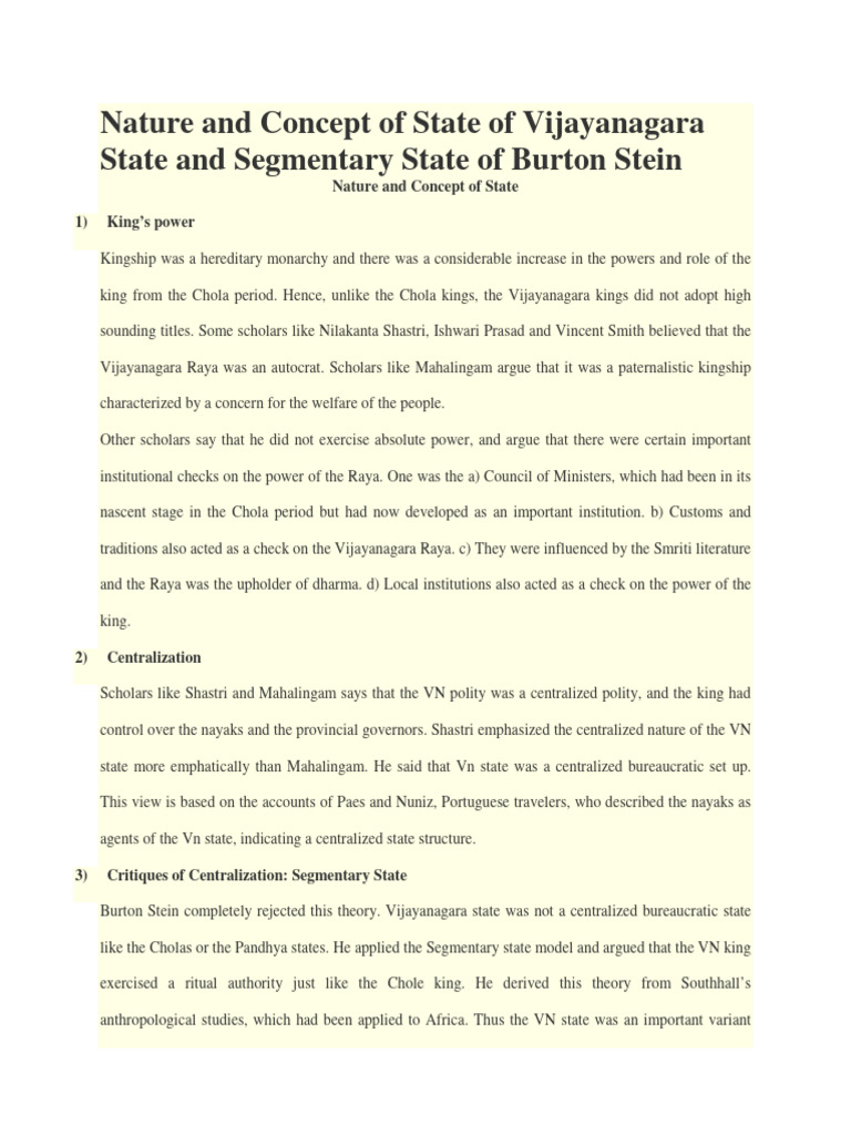 Vijayanagara State: Burton Stein's Model | PDF | Politics | History