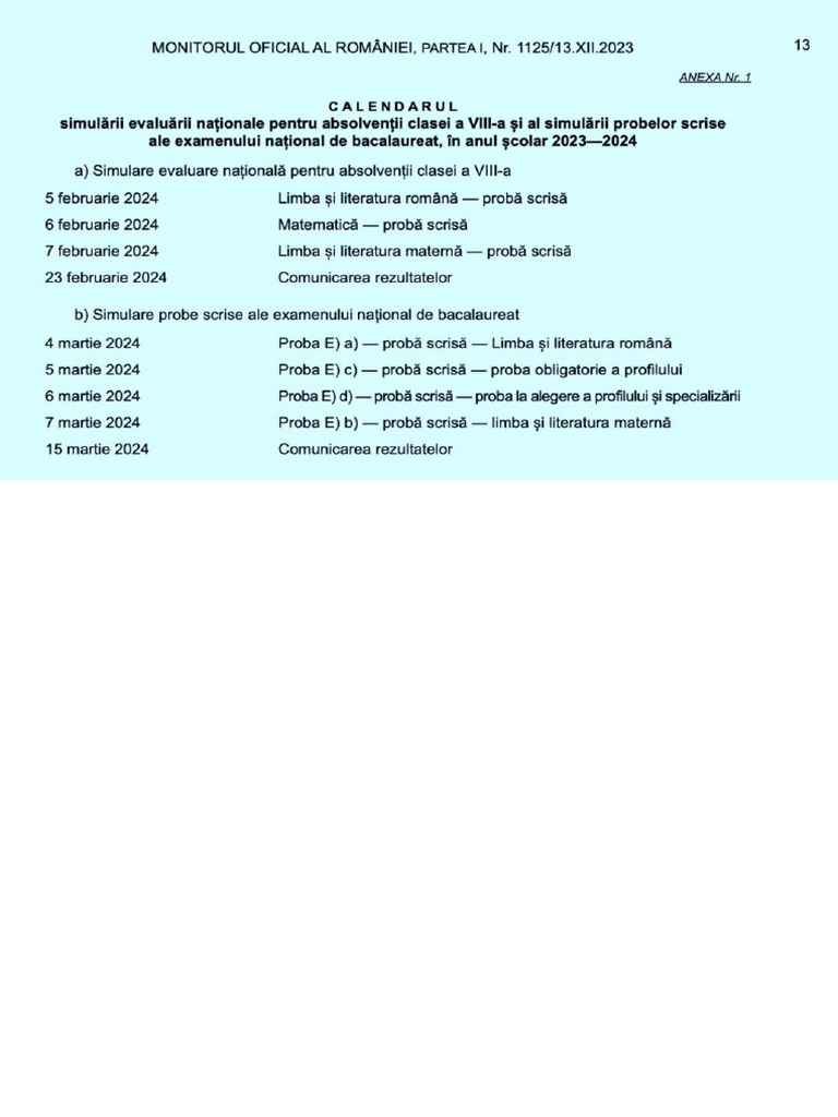Calendar Simulare Evaluarea Nationala Si Bac 2024 PDF