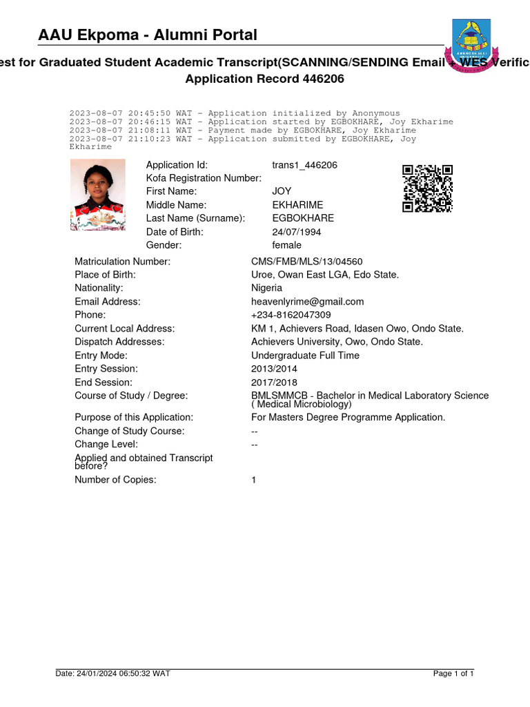 AAU Ekpoma Alumni Transcript Request | PDF