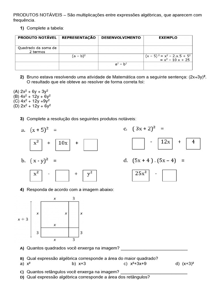 Exercícios de Produtos Notáveis 9º Ano | PDF