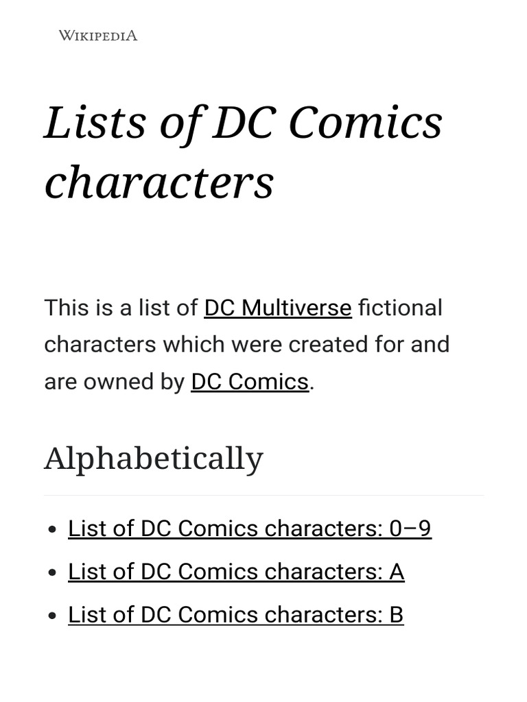 Lists of DC Comics Characters Wikipedia PDF Dc Comics Dc Comics