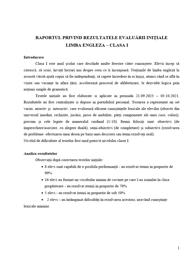 Raport Evaluare Initiala Clasa A I 2023 2024 | PDF