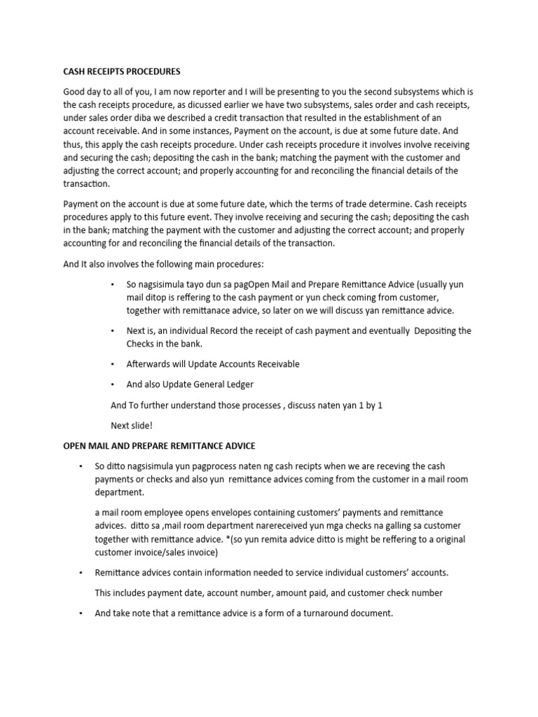 Cash Receipts Procedures PDF Receipt Invoice