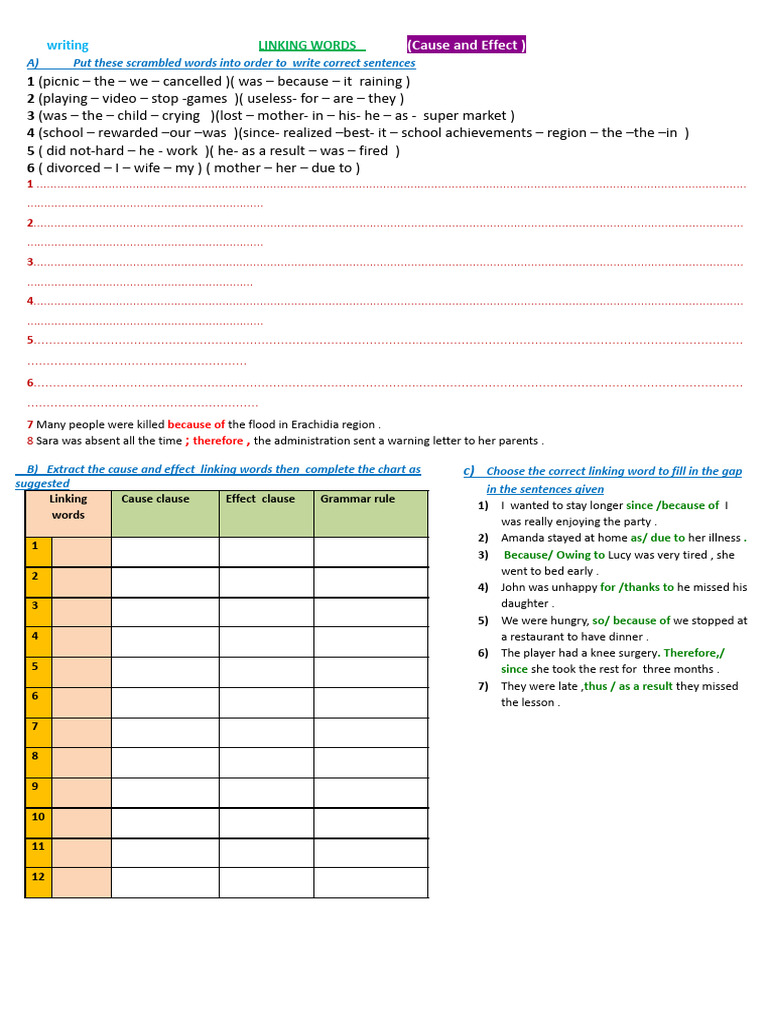 Cause and Effect Linking Words 2 PDF