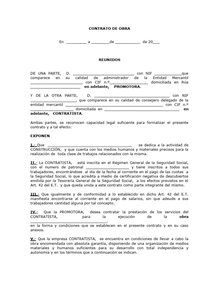 Contrato entre Promotor y Contratista | PDF | Derecho laboral ...