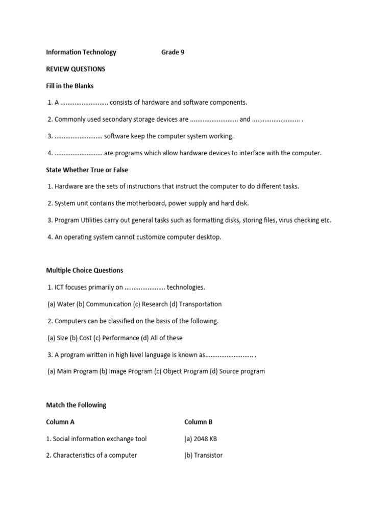 Grade 9 Information Technology Review | PDF | Computers | Technology ...