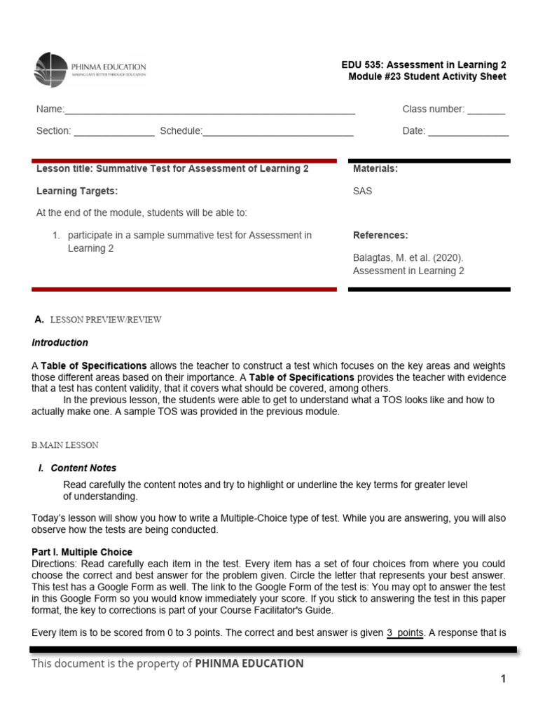 Sas 23 Edu 535 Pdf Educational Assessment Multiple Choice