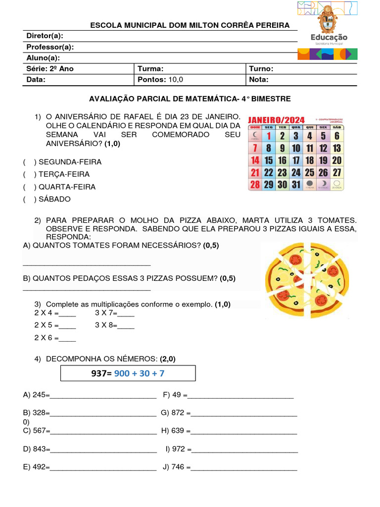 Avaliação de Matemática - 2º Ano 4º Bimestre | PDF