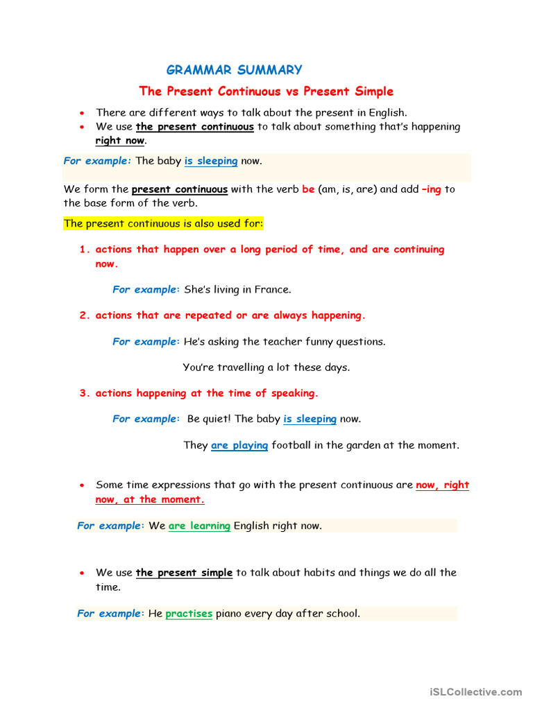 Present Continuous vs Simple Tense Guide | PDF | Syntax | Linguistic ...