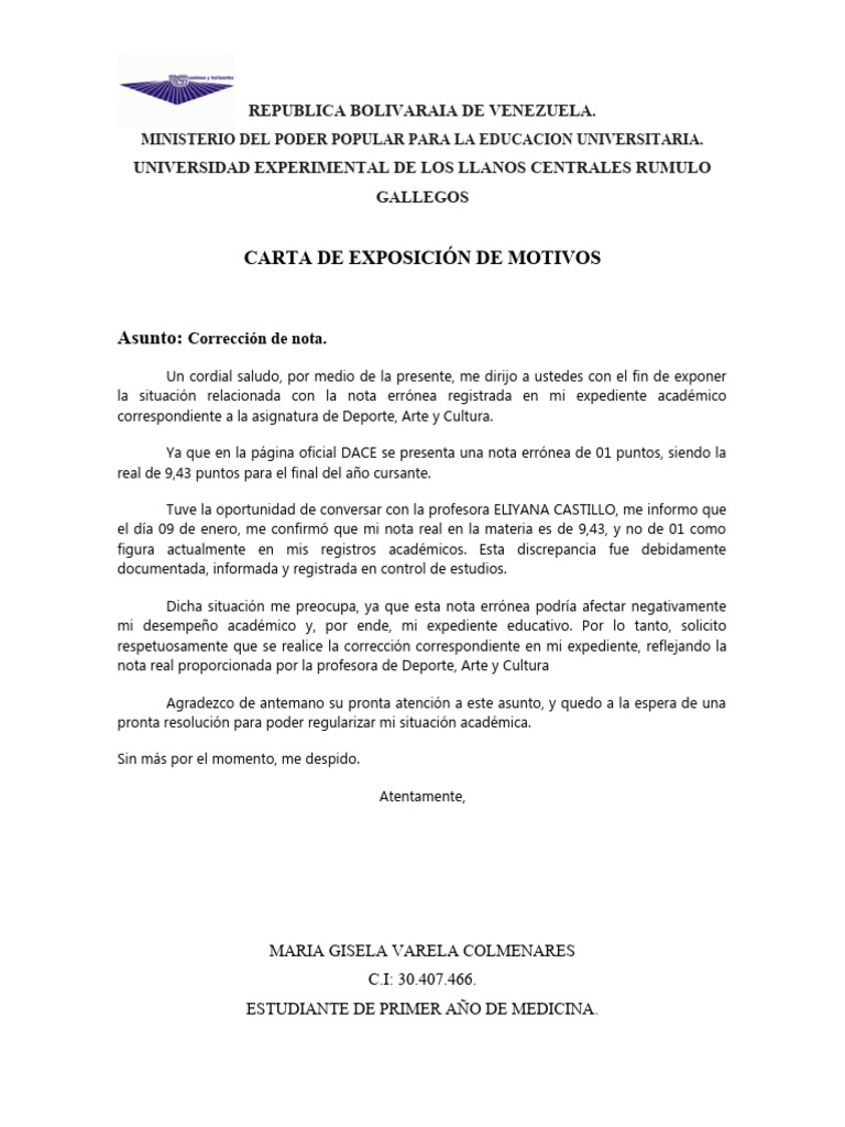 Carta de Exposicion de Motivo | PDF