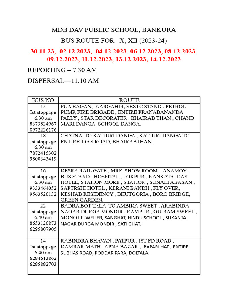 MDB DAV School Bus Routes 2023-24 | PDF