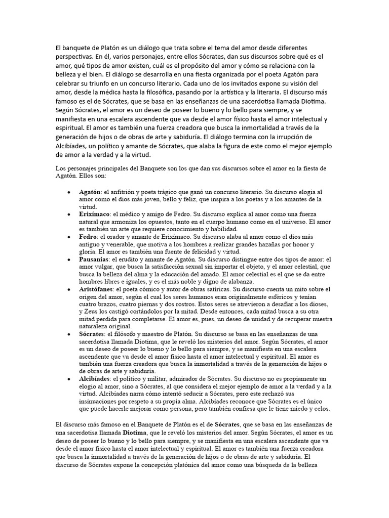 El Banquete De Platón Es Un Diálogo Que Trata Sobre El Tema Del Amor